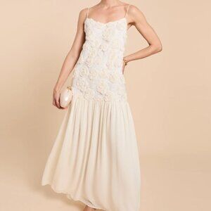 o.p.t. Ondine cream drop-waist dress with textured rosette overlay
